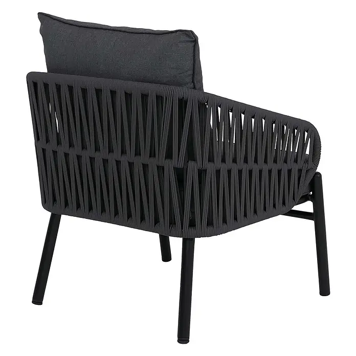 Mendler Gartensessel HWC-P90 - 1 Stk., Metall, Anthrazit, B x T x H: 64 x 70 x 67 cm - Dunkelgrauer Outdoor-Sessel mit geflochtener Seil-Rückenlehne und dunklen Kissen, auf schwarzen Beinen.