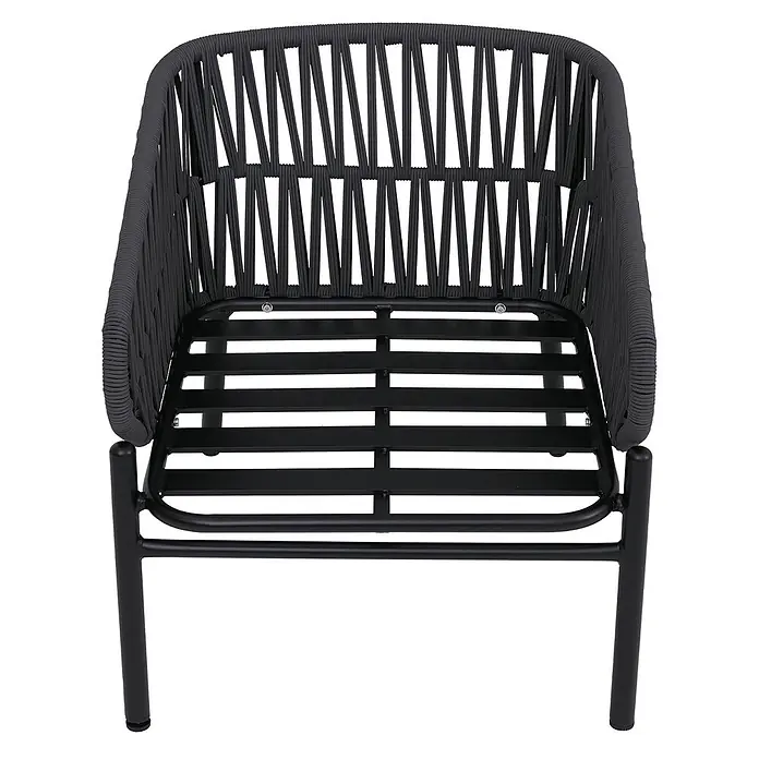 Aluminium-Gartenstuhl | Loungestuhl Sessel Outdoor | Seilgeflecht Rope Stoff/Textil - 180g/m2 - Dunkelgrauer Outdoor-Sessel mit geflochtenen Seildetails und schwarzem Metallgestell.