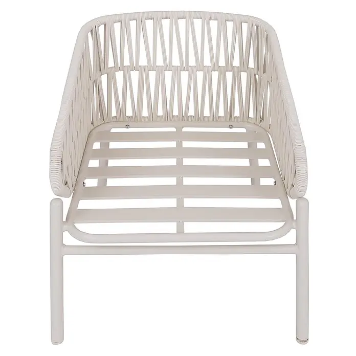 Aluminium-Gartenstuhl | Loungestuhl Sessel Outdoor | Seilgeflecht Rope Stoff/Textil - 180g/m2 - Helles beiges Sesselgestell mit geflochtener Rückenlehne und Armlehnen sowie Lattenrost.