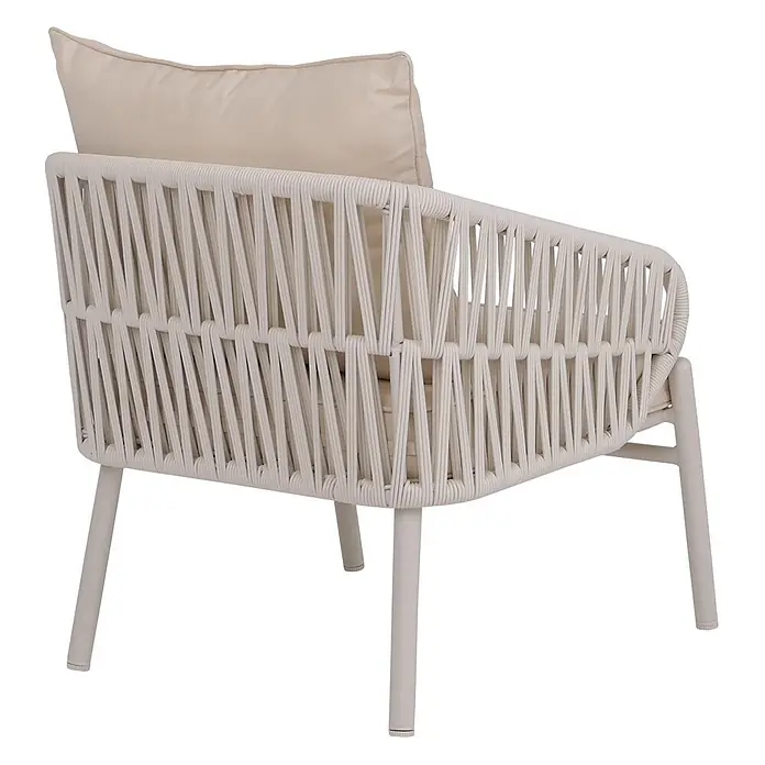 Aluminium-Gartenstuhl | Loungestuhl Sessel Outdoor | Seilgeflecht Rope Stoff/Textil - 180g/m2 - Beiger Outdoor-Sessel mit geflochtener Seil-Rückenlehne und Armlehnen sowie passenden Kissen.