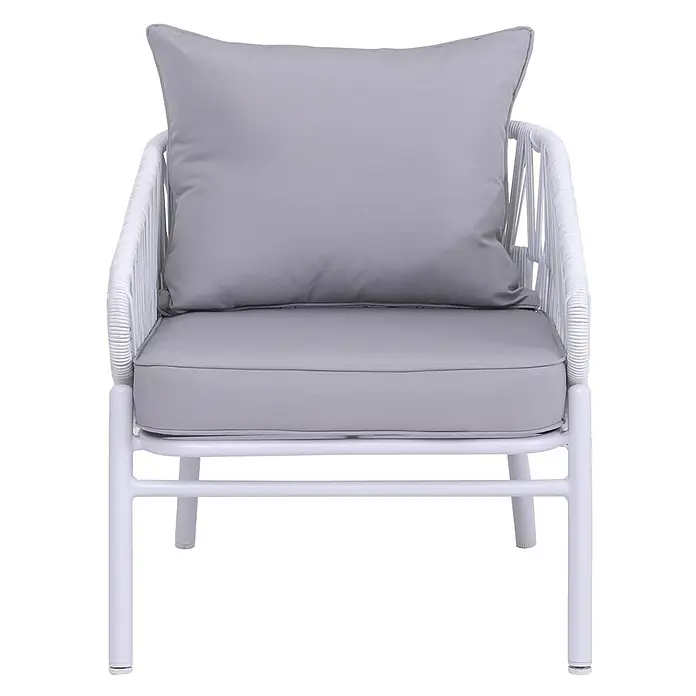 Aluminium-Gartenstuhl | Loungestuhl Sessel Outdoor | Seilgeflecht Rope Stoff/Textil - 180g/m2 - Weißer Outdoor-Sessel mit geflochtenen Akzenten und grauen Kissen.