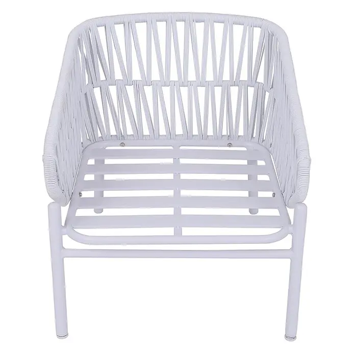 Aluminium-Gartenstuhl | Loungestuhl Sessel Outdoor | Seilgeflecht Rope Stoff/Textil - 180g/m2 - Weißer Outdoor-Sessel mit geflochtener Rückenlehne und Armlehnen sowie Lattenrost.