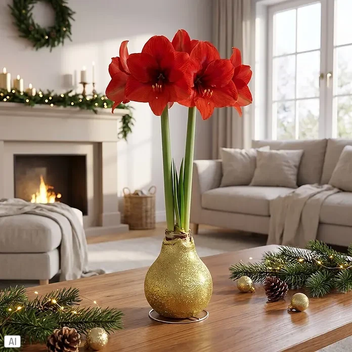 Piardino Amaryllis No Water Flowers Glitterz® - Hippeastrum, Farbe Arrangement: Gold Glitter, Blütenfarbe: Rot - Rote Amaryllis in goldglitzernder Vase auf Tisch, schmückt festliches Wohnzimmer.