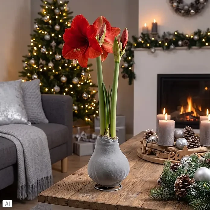 Piardino Amaryllis No Water Flowers Velvet Touchz® - Hippeastrum, Farbe Arrangement: Silber, Blütenfarbe: Rot - Rote Amaryllis mit grünen Stielen in grauem Samttopf, festliches Herzstück auf einem rustikalen Holztisch.