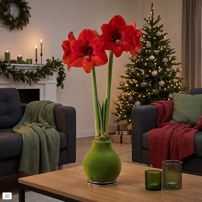 Piardino Amaryllis No Water Flowers Velvet Touchz® - Hippeastrum, Farbe Arrangement: Moosgrün, Blütenfarbe: Rot - Rote Amaryllisblüten in einem grünen Samttopf auf einem Holztisch in einem festlich dekorierten Wohnzimmer.