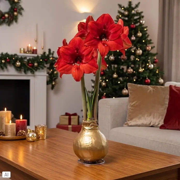 Piardino Amaryllis No Water Flowers Waxz® - Hippeastrum, Farbe Arrangement: Luxury Gold, Blütenfarbe: Rot - Rote Amaryllis-Pflanze in einem goldfarbenen Zwiebeltopf auf einem Holztisch, als festliche Weihnachtsdekoration.