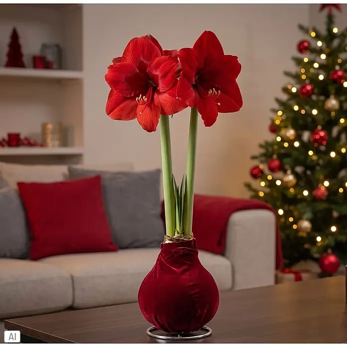 Piardino Amaryllis No Water Flowers Velvet Touchz® - Hippeastrum, Farbe Arrangement: Dunkelrot, Blütenfarbe: Rot - Zwei leuchtend rote Amaryllis-Blüten mit grünen Stielen in einer rot samtbezogenen Zwiebel auf einem Tisch in einem festlichen Wohnzimmer.