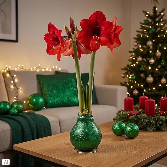Piardino Amaryllis No Water Flowers Glitterz® - Hippeastrum, Farbe Arrangement: Grün Glitter, Blütenfarbe: Rot - Rote Amaryllisblüten in einer glitzernd grünen Vase, perfekt als Weihnachtsdekoration.