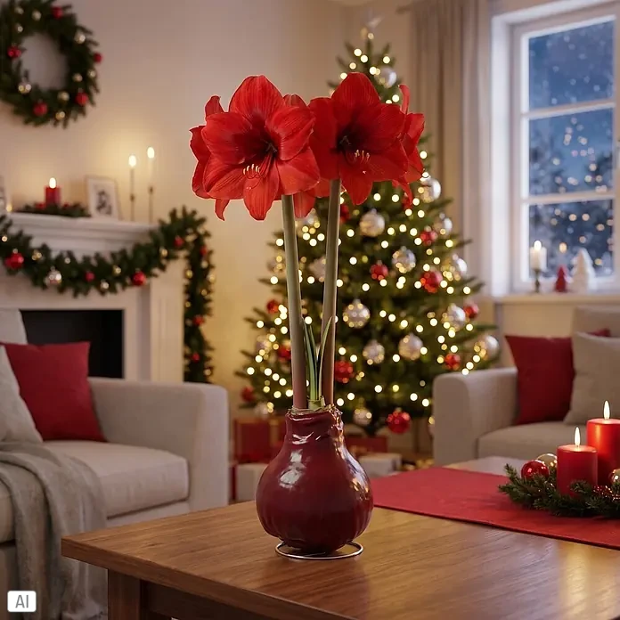Piardino Amaryllis No Water Flowers Waxz® - Hippeastrum, Farbe Arrangement: Bordeaux, Blütenfarbe: Rot - Zwei rote Amaryllisblüten in einer dunkelroten Vase auf einem Tisch, schmücken ein weihnachtliches Wohnzimmer.