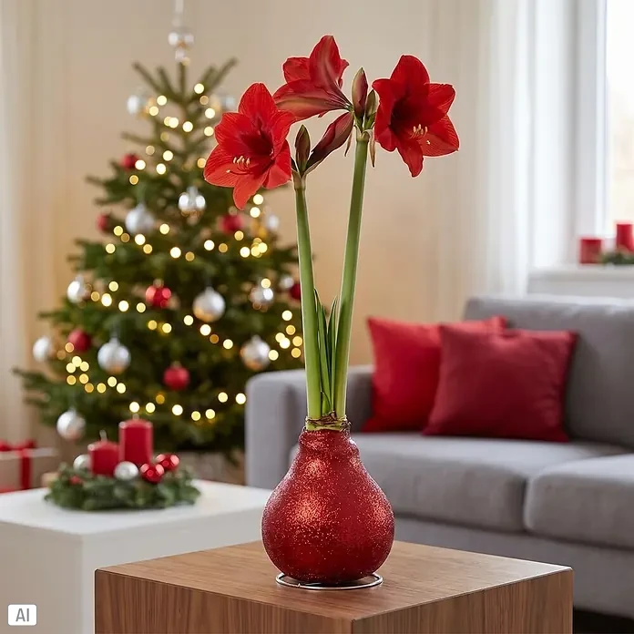 Piardino Amaryllis No Water Flowers Glitterz® - Hippeastrum, Farbe Arrangement: Rot Glitter, Blütenfarbe: Rot - Rote Amaryllisblüten in einem roten Glitzergefäß auf einem Holztisch in einem weihnachtlich dekorierten Wohnzimmer.