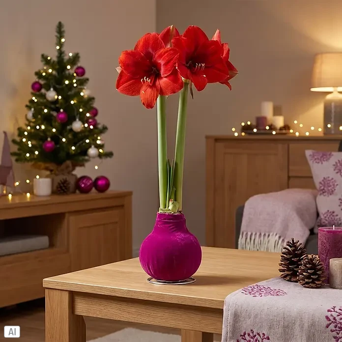 Piardino Amaryllis No Water Flowers Velvet Touchz® - Hippeastrum, Farbe Arrangement: Pink, Blütenfarbe: Rot - Rote Amaryllis mit grünen Stielen in einem magentafarbenen Samttopf, auf einem Holztisch in einem weihnachtlich dekorierten Wohnzimmer.