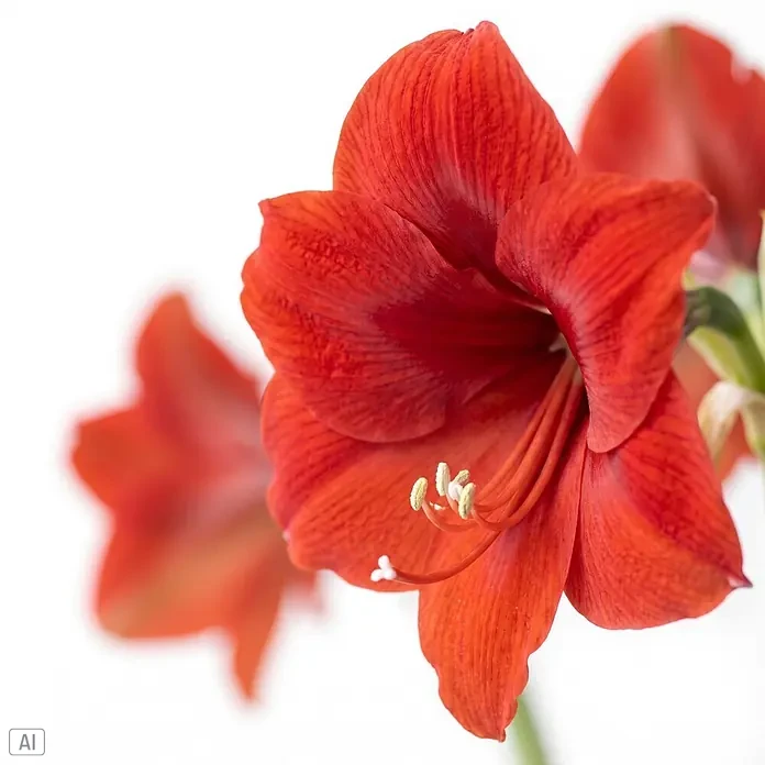 Piardino Amaryllis No Water Flowers Glitterz® - Hippeastrum, Farbe Arrangement: Silber Glitter, Blütenfarbe: Rot - Nahaufnahme einer leuchtend roten Amaryllisblüte mit auffälligen hellgelben Staubgefäßen und Stempel.