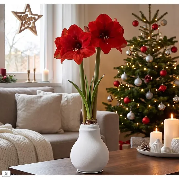 Piardino Amaryllis No Water Flowers Velvet Touchz® - Hippeastrum, Farbe Arrangement: Weiß, Blütenfarbe: Rot - Rote Amaryllisblüten in einer weißen Vase auf einem Couchtisch in einem festlich dekorierten Wohnzimmer.