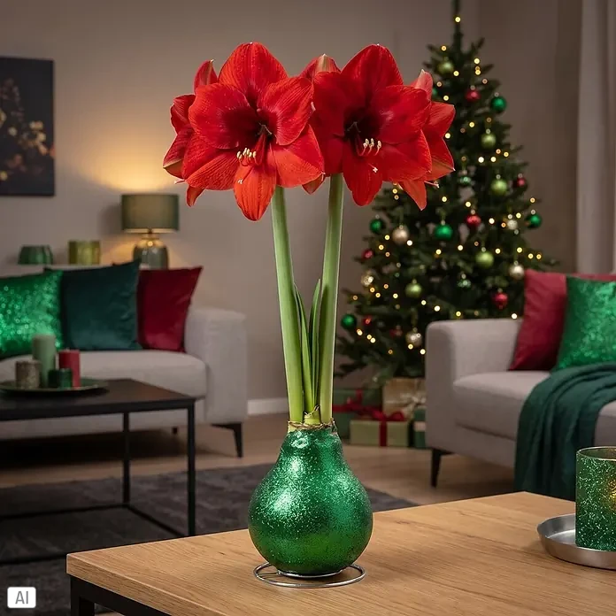 Piardino Amaryllis No Water Flowers Glitterz® - Hippeastrum, Farbe Arrangement: Grün Glitter, Blütenfarbe: Rot - Rote Amaryllis in einem glitzernden grünen Zwiebeltopf, in einem festlichen Wohnzimmer.