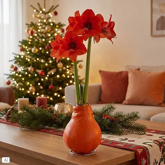 Piardino Amaryllis No Water Flowers Waxz® - Hippeastrum, Farbe Arrangement: Orange, Blütenfarbe: Rot - Amaryllis in einem orangefarbenen Topf mit leuchtend roten Blüten, als festliche Weihnachtsdekoration in einem gemütlichen Wohnzimmer.