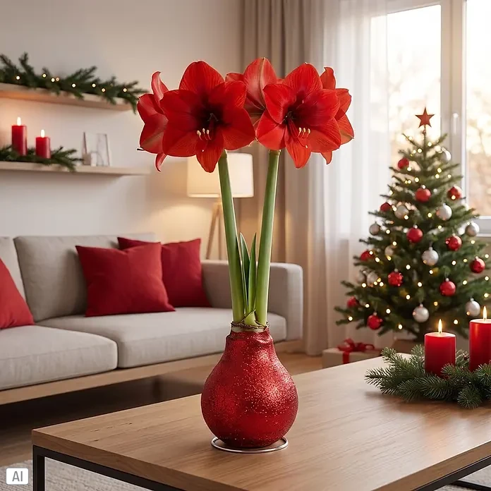 Piardino Amaryllis No Water Flowers Glitterz® - Hippeastrum, Farbe Arrangement: Rot Glitter, Blütenfarbe: Rot - Rote Amaryllis mit großen Blüten in einem glitzernden roten Topf, schmückt ein festliches Weihnachtswohnzimmer.