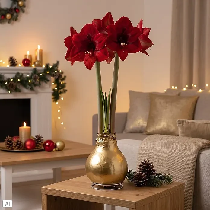 Piardino Amaryllis No Water Flowers Waxz® - Hippeastrum, Farbe Arrangement: Luxury Gold, Blütenfarbe: Rot - Amaryllis-Zwiebel in goldener Wachsschicht mit roten Blüten, auf einem Holztisch in festlicher Wohnzimmerkulisse.