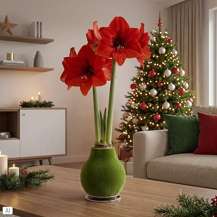 Piardino Amaryllis No Water Flowers Velvet Touchz® - Hippeastrum, Farbe Arrangement: Moosgrün, Blütenfarbe: Rot - Rote Amaryllisblüten in einem grün beflockten Topf auf einem Holztisch, als Teil festlicher Weihnachtsdeko.