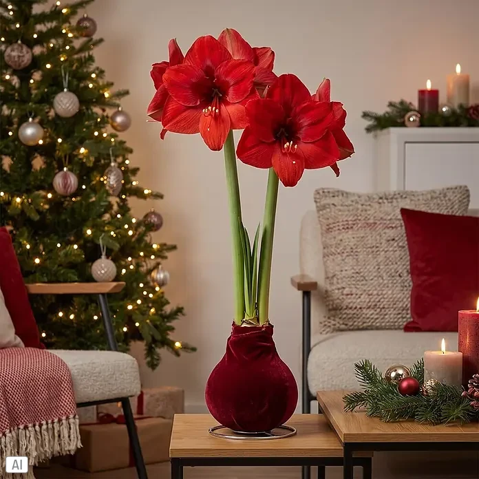 Piardino Amaryllis No Water Flowers Velvet Touchz® - Hippeastrum, Farbe Arrangement: Dunkelrot, Blütenfarbe: Rot - Rote Amaryllis-Pflanze in einem roten Samttopf, auf einem Holztisch in festlicher Wohnzimmerkulisse mit Weihnachtsbaum.