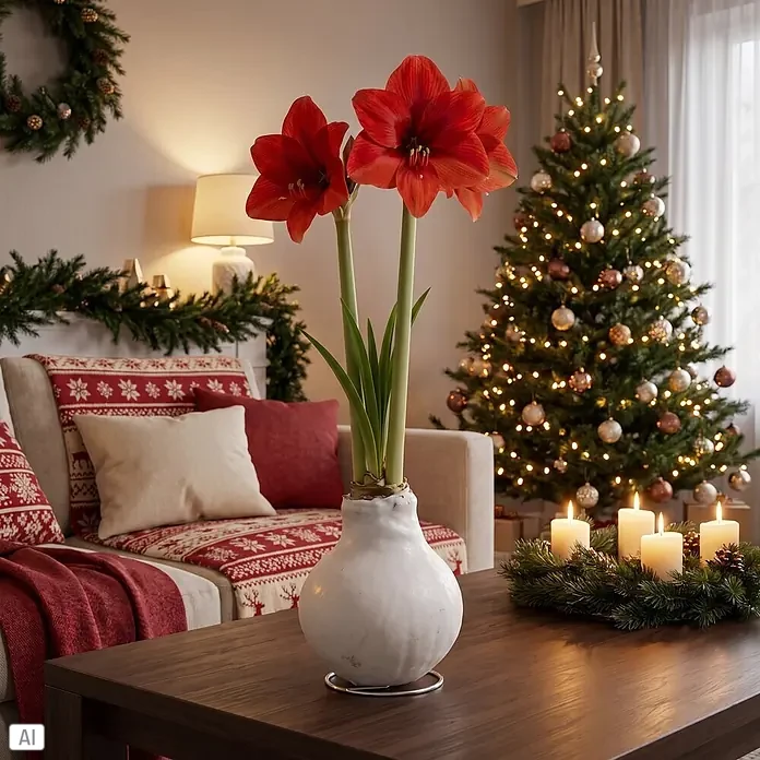 Piardino Amaryllis No Water Flowers Waxz® - Hippeastrum, Farbe Arrangement: Weiß, Blütenfarbe: Rot - Rote Amaryllis in weißem, strukturiertem Topf auf Holztisch in festlicher Weihnachtsumgebung.
