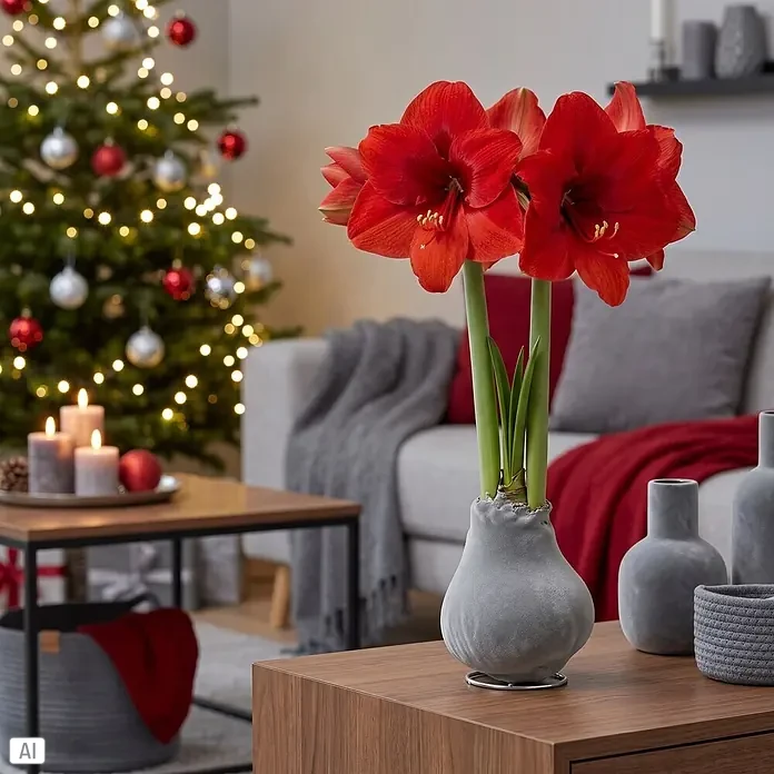 Piardino Amaryllis No Water Flowers Velvet Touchz® - Hippeastrum, Farbe Arrangement: Silber, Blütenfarbe: Rot - Rote Amaryllisblüten in einer strukturierten grauen Vase auf einem Holztisch in einem festlichen Wohnzimmer.