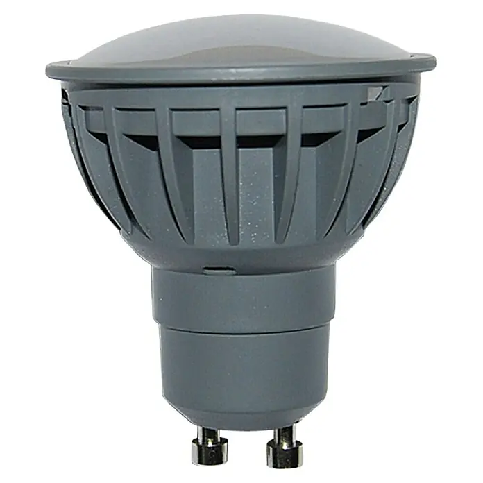 Voltolux Bombilla LED - GU10, Intensidad regulable, Blanco cálido, 350 lm, 5 W - Primer plano de una lámpara LED GU10 gris con disipador de calor y dos pines, ideal para usar en focos y luces empotradas.