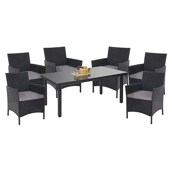 Poly-Rattan-Garnitur | Gartenmöbel Balkon-Set Sitzgarnitur | Anthrazit | Kissen Anthrazit -  - Schwarze Rattan-Gartenmöbelgruppe mit Glastisch und sechs Stühlen mit Armlehnen und hellgrauen Kissen.