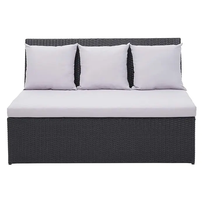 Mendler Loungemöbel-Set HWC-G16 - 3 -tlg., Polyrattan, Schwarz, Kissen hellgrau, Schwarz - Dunkelgraues Rattan-Outdoor-Sofa mit hellgrauen Kissen.