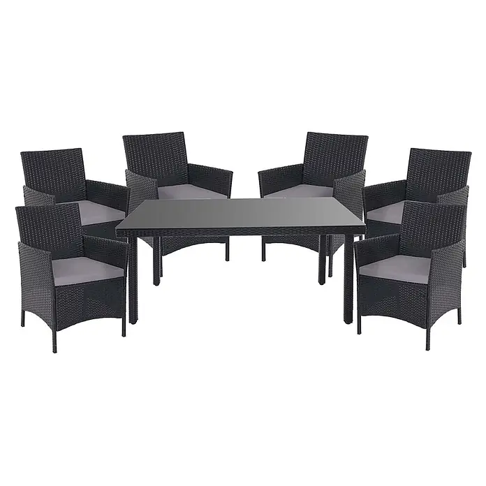 Poly-Rattan-Garnitur | Gartenmöbel Balkon-Set Sitzgarnitur | Anthrazit | Kissen Anthrazit -  - Dunkelgraue Rattan-Gartensitzgruppe mit Glastisch und sechs Stühlen mit hellgrauen Kissen.