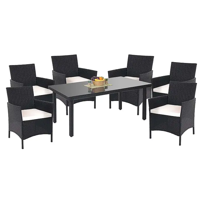 Poly-Rattan-Garnitur | Gartenmöbel Balkon-Set Sitzgarnitur | Anthrazit | Kissen Creme -  - Schwarzes Rattan-Essgarnitur mit rechteckigem Glastisch und sechs Stühlen mit weißen Kissen.