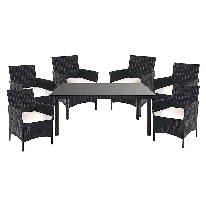 Poly-Rattan-Garnitur | Gartenmöbel Balkon-Set Sitzgarnitur | Anthrazit | Kissen Creme -  - Schwarzes Rattan-Gartenessgruppe mit 6 Stühlen, weißen Kissen und einem rechteckigen Tisch mit dunkler Glasplatte.