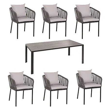 Gartengarnitur | Tisch+6xStuhl | wetterfest Alu 180x80cm | Seilgeflecht Rope | Anthrazit | Kissen Grau