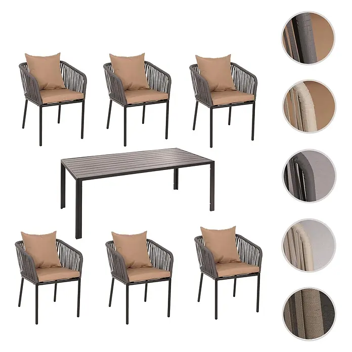 Gartengarnitur | Tisch+6xStuhl | wetterfest Alu 180x80cm | Seilgeflecht Rope | Anthrazit | Kissen Dunkelgrau -  - Terrassen-Essgruppe: dunkelgrauer Lamellen-Metalltisch und sechs Stühle mit dunkelgrauem Seilgeflecht und hellbraunen Kissen.