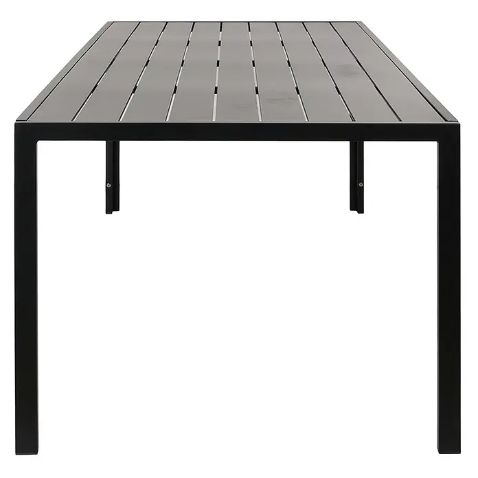 Gartengarnitur | Tisch+6xStuhl | wetterfest Alu 180x80cm | Seilgeflecht Rope | Anthrazit | Kissen Dunkelgrau -  - Rechteckiger dunkelgrauer Lamellen-Esstisch für den Außenbereich mit schwarzem Metallgestell.
