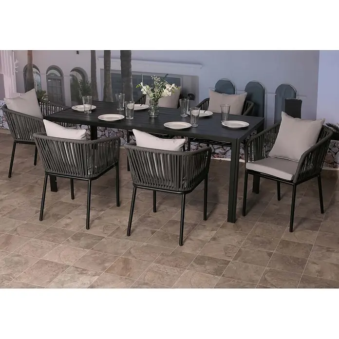 Gartengarnitur | Tisch+6xStuhl | wetterfest Alu 180x80cm | Seilgeflecht Rope | Anthrazit | Kissen Grau -  - Outdoor-Essgruppe mit einem dunkelgrauen Lamellentisch und sechs grau geflochtenen Seilstühlen mit Polstern auf einer Terrasse.