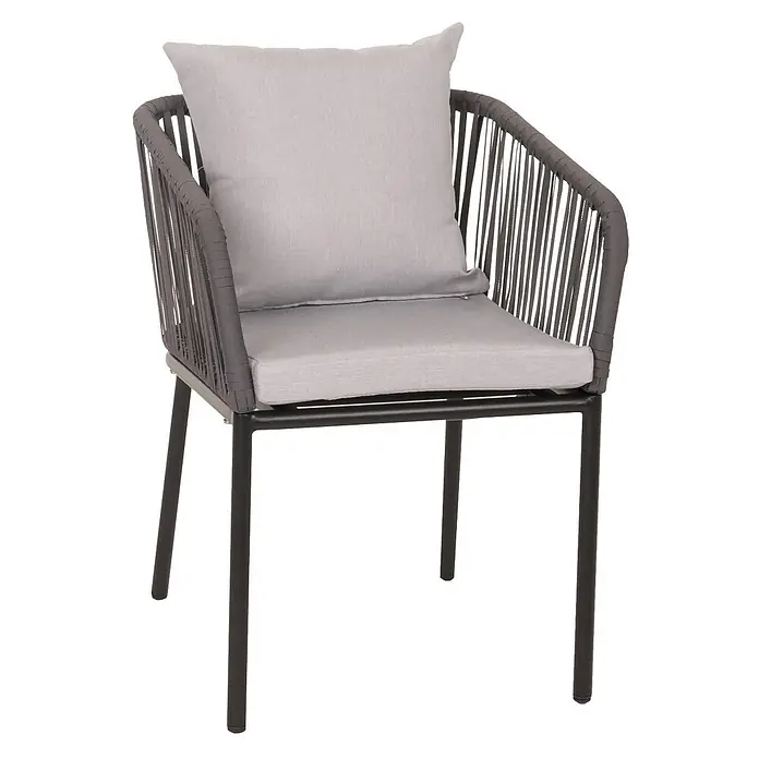 Gartengarnitur | Tisch+6xStuhl | wetterfest Alu 180x80cm | Seilgeflecht Rope | Anthrazit | Kissen Grau -  - Outdoor-Sessel mit dunkelgrauem Seilgeflecht, hellgrauen Kissen und schwarzem Metallgestell.