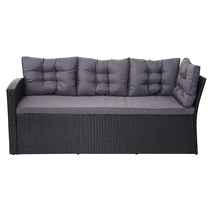 Poly-Rattan-Garnitur | Gartengarnitur Sitzgruppe Lounge-Esstisch-Set | Schwarz | Kissen Dunkelgrau | mit Bank -  - Schwarzes Polyrattan-Sofa mit dicken dunkelgrauen Kissen, geeignet für Lounges im Freien.