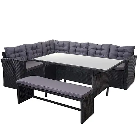 Poly-Rattan-Garnitur | Gartengarnitur Sitzgruppe Lounge-Esstisch-Set | Schwarz | Kissen Dunkelgrau | mit Bank