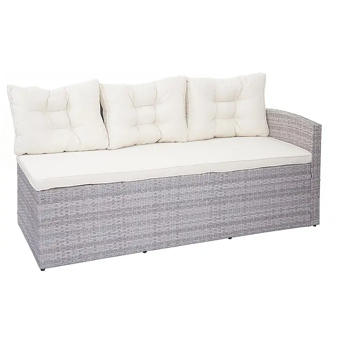 Poly-Rattan-Garnitur | Gartengarnitur Sitzgruppe Lounge-Esstisch-Set Sofa | Hellgrau | Kissen Creme + Bank -  - Hellgraues Rattan-Look Outdoor-Sofa mit cremefarbenen Kissen und einer Armlehne.