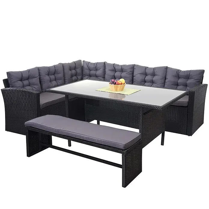 Poly-Rattan-Garnitur | Gartengarnitur Sitzgruppe Lounge-Esstisch-Set | Schwarz | Kissen Dunkelgrau | mit Bank -  - Schwarzes Rattan-Garten-Essset mit L-förmigem Sofa, rechteckigem Glastisch und Bank, alles mit grauen Kissen.