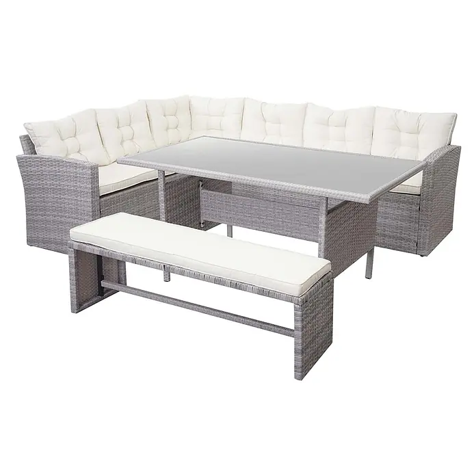 Mendler Loungemöbel-Set HWC-A29 - 4 -tlg., Polyrattan, Hellgrau, Kissen creme + Bank, Hellgrau - Graue Rattan-Ecksofa mit cremefarbenen Kissen, Glastisch und Bank.
