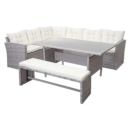 Poly-Rattan-Garnitur | Gartengarnitur Sitzgruppe Lounge-Esstisch-Set Sofa | Hellgrau | Kissen Creme + Bank
