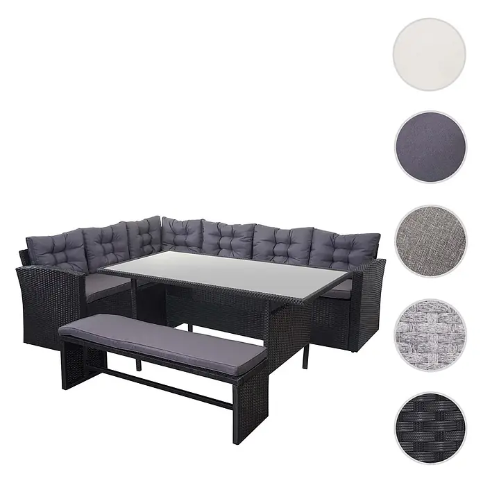 Mendler Loungemöbel-Set HWC-A29 - 3 -tlg., Polyrattan, Kissen dunkelgrau, mit Bank, Schwarz, dunkelgrau - Dunkles Rattan-Gartenmöbelset mit L-förmigem Sofa, Glastisch, Bank und dunkelgrauen Kissen.