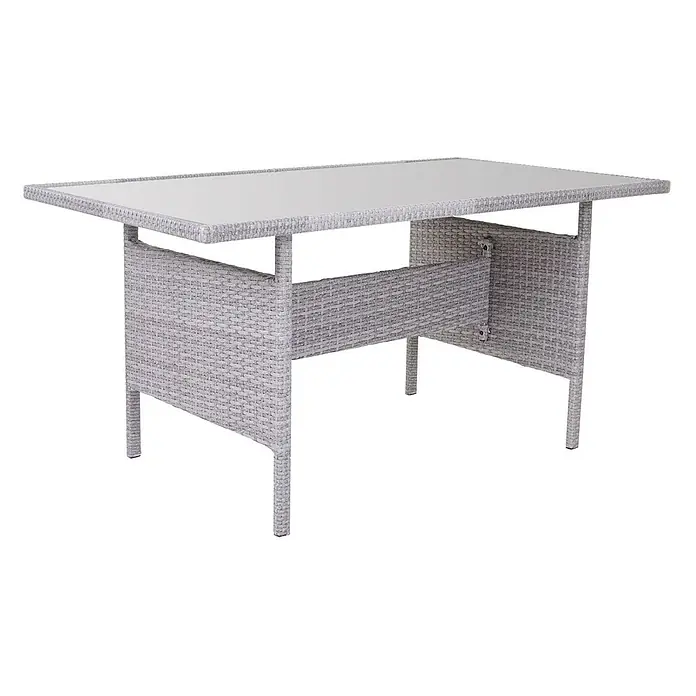 Poly-Rattan-Garnitur | Gartengarnitur Sitzgruppe Lounge-Esstisch-Set Sofa | Hellgrau | Kissen Creme + 2x Hocker -  - Rechteckiger Outdoor-Esstisch mit grauem Rattangeflecht-Gestell und klarer Glasplatte.