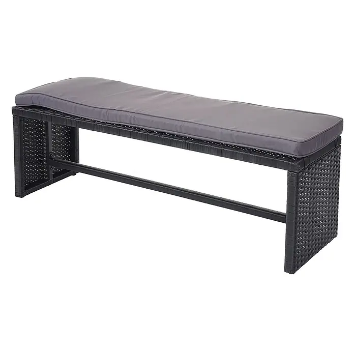 Poly-Rattan-Garnitur | Gartengarnitur Sitzgruppe Lounge-Esstisch-Set | Schwarz | Kissen Dunkelgrau | mit Bank -  - Dunkle Rattanbank aus Kunststoff mit grauem Polsterkissen für bequemes Sitzen.