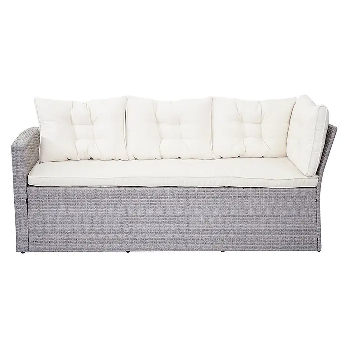 Poly-Rattan-Garnitur | Gartengarnitur Sitzgruppe Lounge-Esstisch-Set Sofa | Hellgrau | Kissen Creme + Bank -  - Graues Rattan-Gartensofa mit hellen cremefarbenen Kissen.