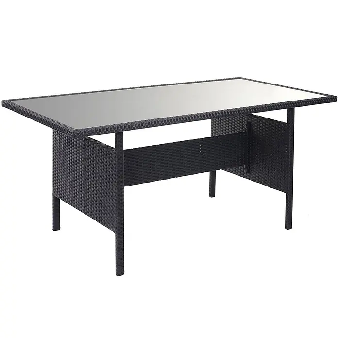 Poly-Rattan-Garnitur | Gartengarnitur Sitzgruppe Lounge-Esstisch-Set | Schwarz | Kissen Dunkelgrau | mit Bank -  - Rechteckiger Esstisch aus schwarzem Polyrattan mit Glasplatte.