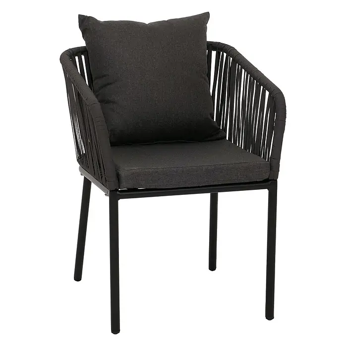 Gartengarnitur | Tisch+6xStuhl | wetterfest Alu 180x80cm | Seilgeflecht Rope | Anthrazit | Kissen Dunkelgrau -  - Dunkelgrauer Outdoor-Sessel mit geflochtener Seil-Rückenlehne und Armlehnen, schwarzem Metallgestell und passenden Sitz- und Rückenkissen.