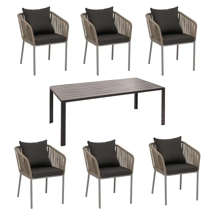 Gartengarnitur | Tisch+6xStuhl | wetterfest Alu 180x80cm | Seilgeflecht Rope | Grau | Kissen Dunkelgrau -  - Gartenset: ein rechteckiger dunkelgrauer Lamellentisch und sechs Stühle mit hellbraun geflochtenen Lehnen und dunkelgrauen Kissen.