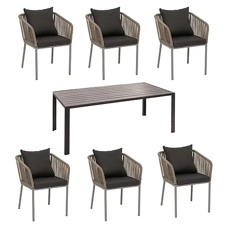 Gartengarnitur | Tisch+6xStuhl | wetterfest Alu 180x80cm | Seilgeflecht Rope | Grau | Kissen Dunkelgrau